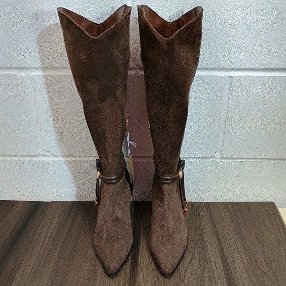 Dolce Vita Brown Suede Knee High Western Boots Pointed Toe Block Heel Zip Size 5 - Picture 3 of 16